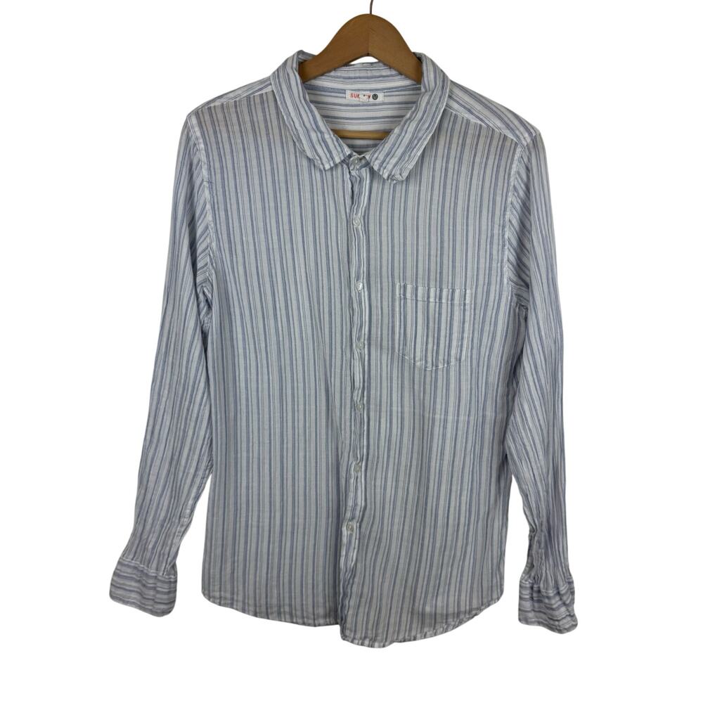 Sundry Womens Gauzy Cotton Blue Striped Button Up Shirt Sz 2 (M)‎ Coastal Beachy